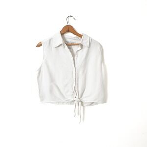 Vintage 90's Jones Sport Wear Sleeveless Tie Front Top White Linen Blend - 16